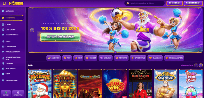 Startseite im Midarion Casino zeigt Willkommensbonus und Spiele