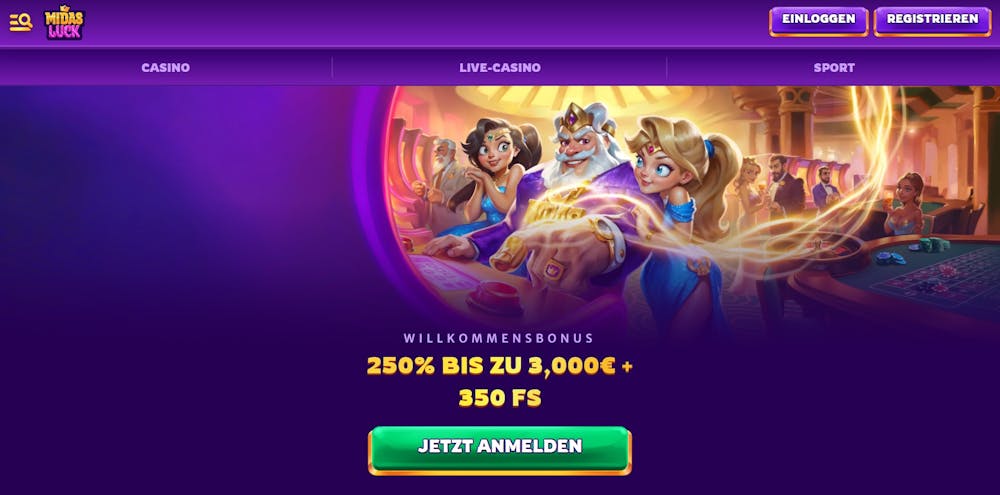 Die Homepage von MidasLuck Casino mit einer Beschreibung über den Willkommensbonus von 250 % bis 3.000 € + 250 FS