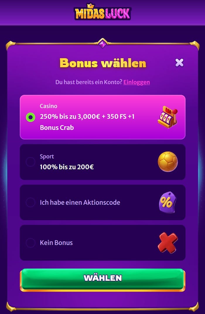 Das Registrierungsformular von Midas Luck Casino