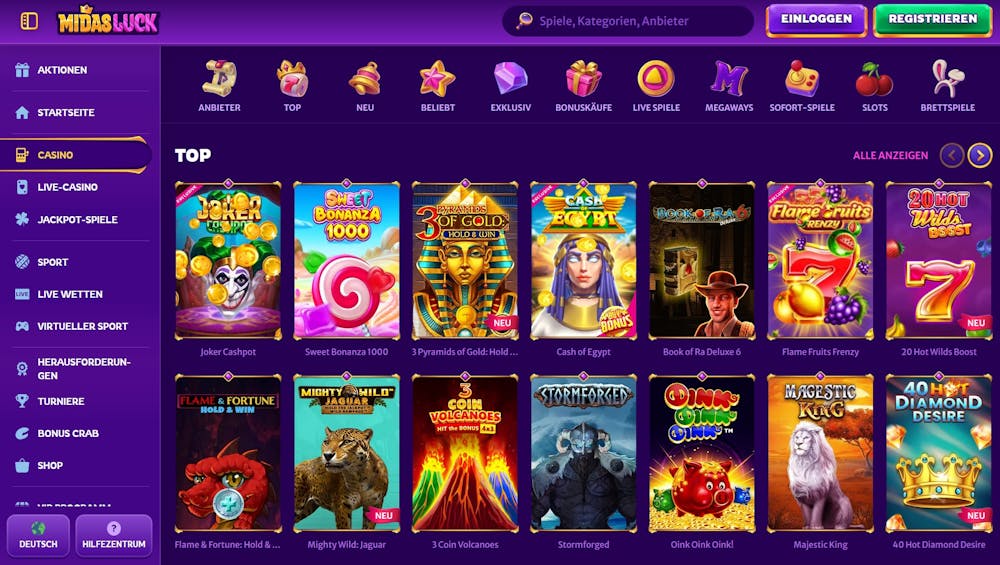 Die Spielauswahl bei Midas Luck Casino mit vielen verschiedenen Titeln wie Sweet Bonanza 1000 und Stormforged