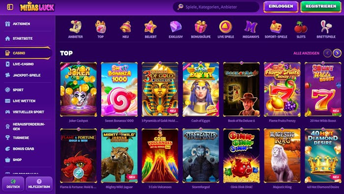 Die Spielauswahl bei Midas Luck Casino mit vielen verschiedenen Titeln wie Sweet Bonanza 1000 und Stormforged