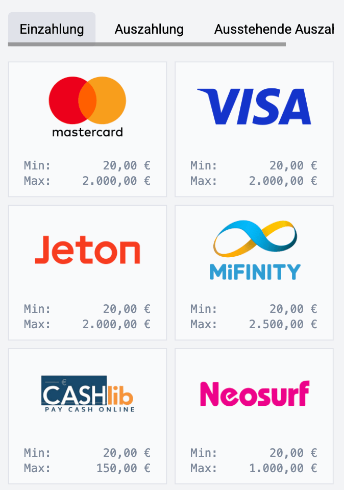 Auswahl von MiFinity im Casino Kassenbereich