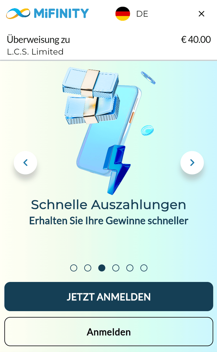 Anmeldung bei MiFinity bei Einzahlung im MiFinity Casino