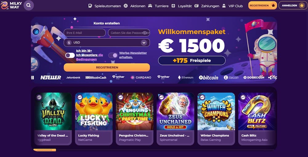 Startseite des Milky Way Casinos zeigt Willkommenspaket neben einigen Spielen