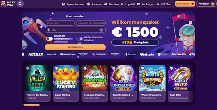 Startseite des Milky Way Casinos zeigt Willkommenspaket neben einigen Spielen