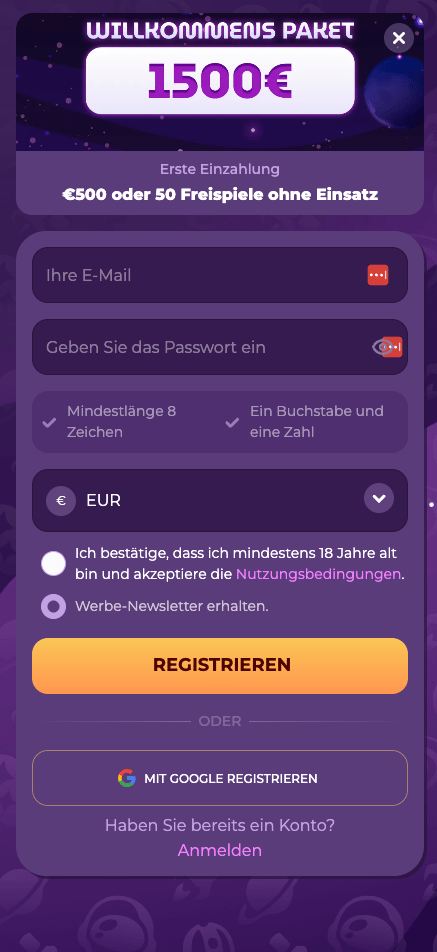 Anmeldeformular im Milky Way Casino