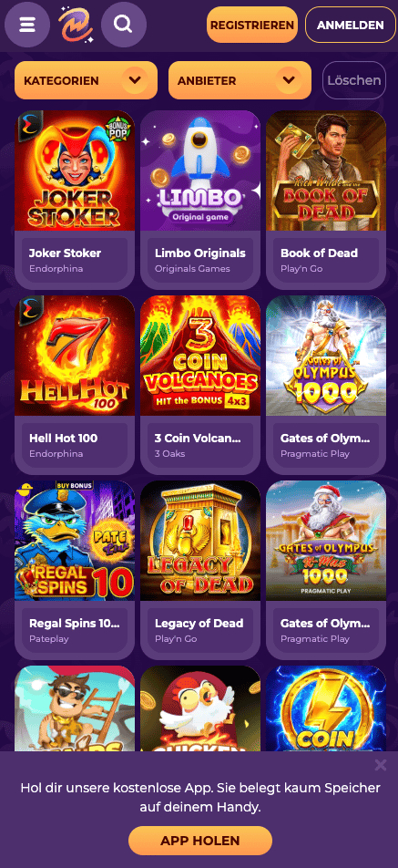 Spiellobby im Milky Way Casino zeigt Spiele wie Joker Stoker neben anderen Spielen und Kategorien