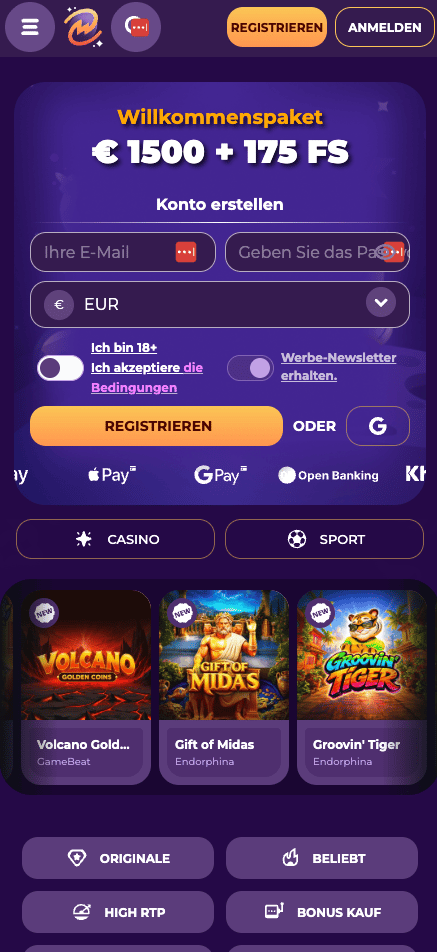 Startseite des Milky Way Casinos zeigt Willkommenspaket neben einigen Spielen