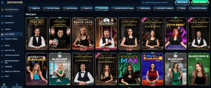 Millioner Casino Screenshot mit der Online Blackjack Auswahl des Casinos.