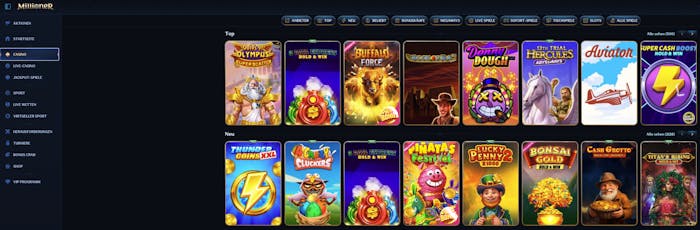 Spiellobby im neuen Casino Millioner