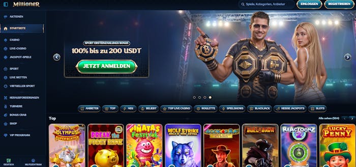 Screenshot vom Millioner Casino mit der Startseite, auf welcher der Willkommensbonus und die Spieleauswahl zu sehen sind.