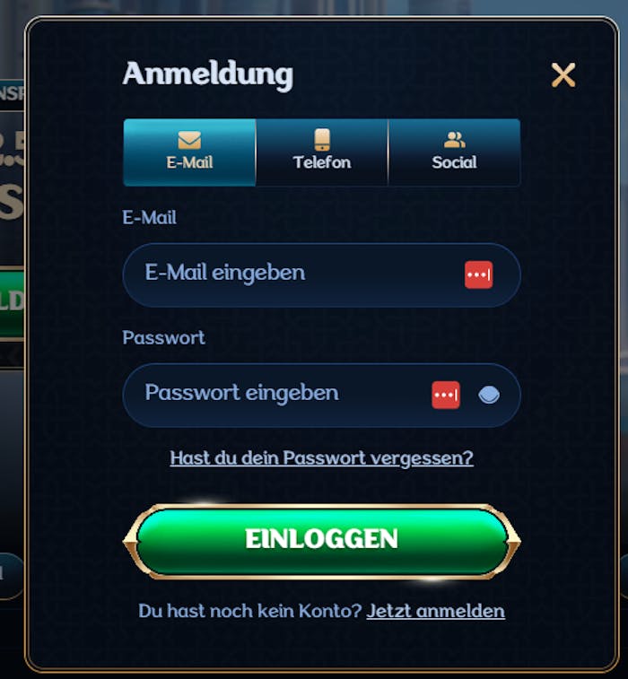 Millioner Casino Screenshot mit der Anmeldeseite, auf welcher die Daten zum Anmelden eingegeben werden.