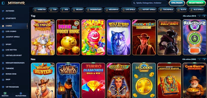 Millioner Casino Screenshot mit der Spieleauswahl, darunter Spiele wie Gates of Olympus und Bounty Hunter.