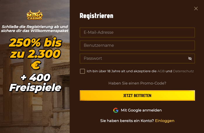 Anmeldeformular im Mino Casino