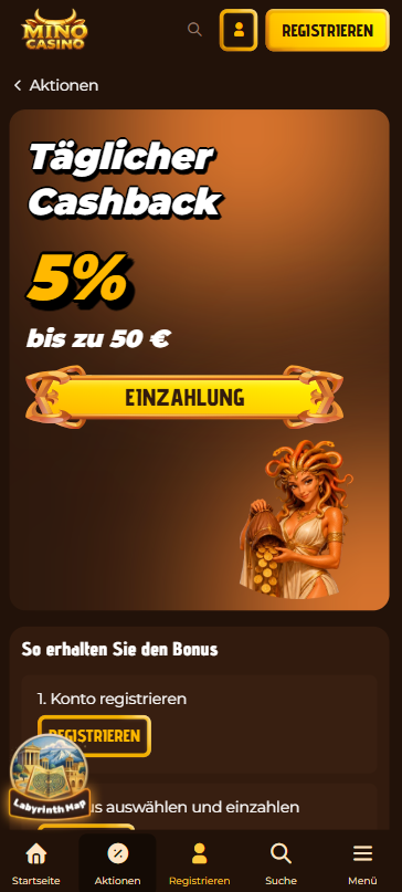 Mino Casino Screenshot mit dem Cashback Casino Bonus.