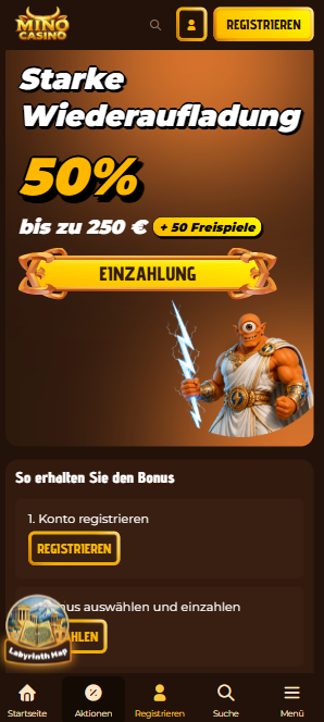 Mino Casino Screenshot, der den Reload Bonus des Casiinos anzeigt.