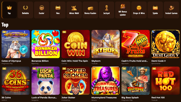 Top Spiele im Mino Casino mit Sofortüberweisung zeigt Spiele wie Bonanza Billion