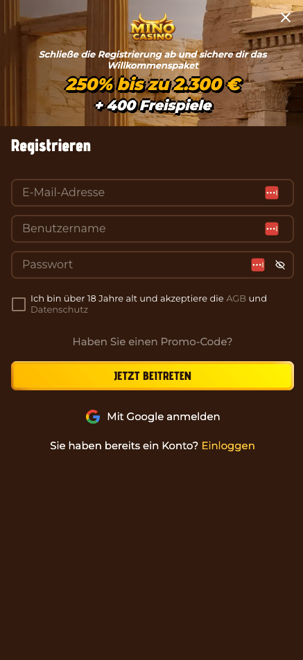 Anmeldeformular im Mino Casino