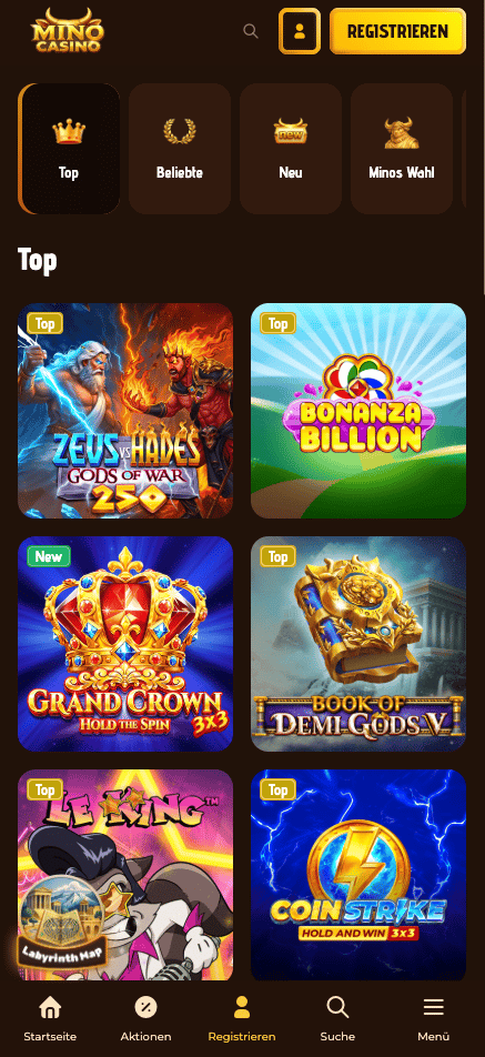 Spiellobby im Mino Casino zeigt top Spiele wie Bonanza Billion neben anderen Spielkategorien