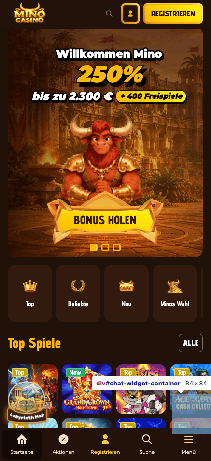 Startseite im Mino Casino zeigt Willkommensbonus, top Spiele und Menü