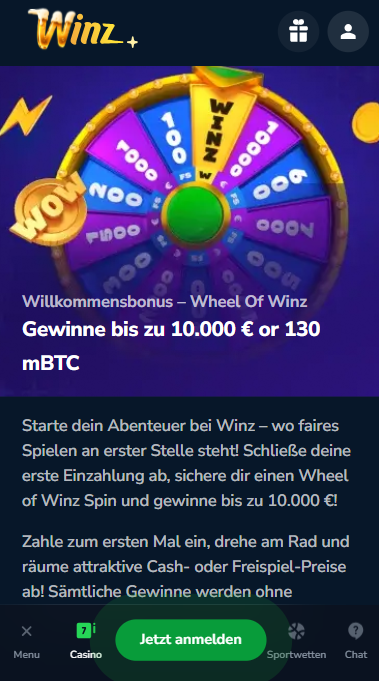 Winz Casino Screenshot mit dem Bonus ohne Umsatzbedingungen.