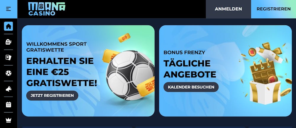 Die Homepage von Moana Casino mit einer Information über besondere Angebote wie eine Gratiswette