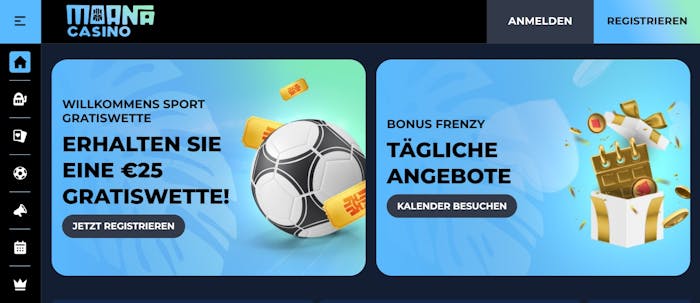 Die Homepage von Moana Casino mit einer Information über besondere Angebote wie eine Gratiswette