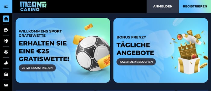 Die Homepage von Moana Casino mit einer Information über besondere Angebote wie eine Gratiswette