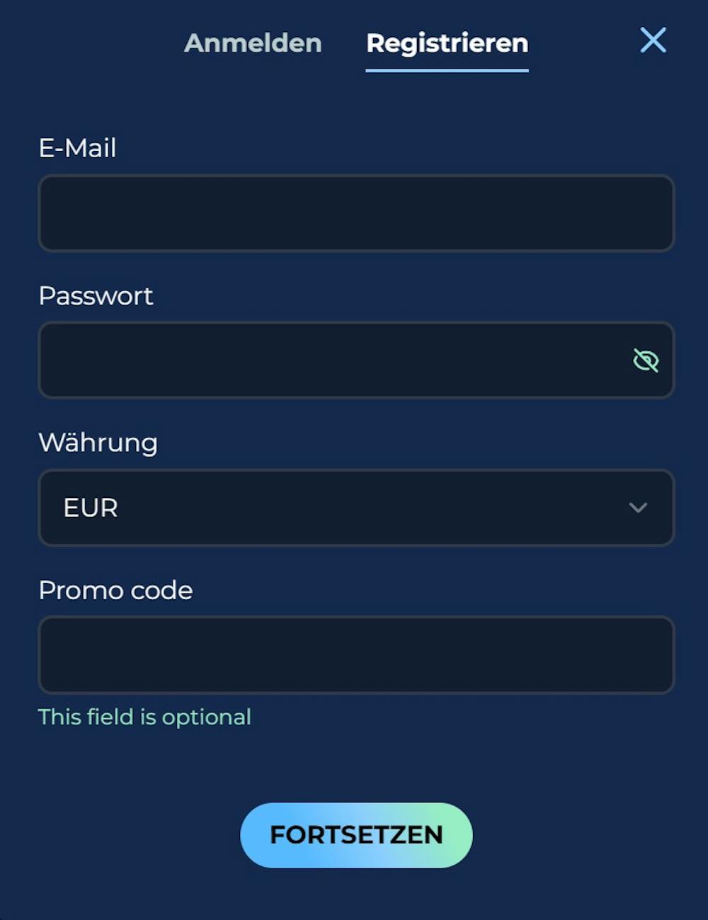 Das Registrierungsformular von Moana Casino
