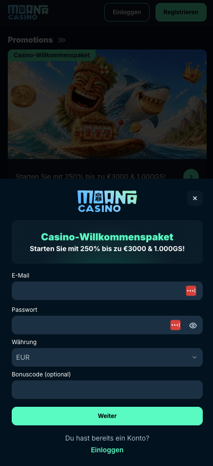 Das Registrierungsformular von Moana Casino