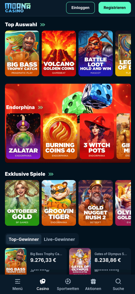 Spiellobby im Moana Casino zeigt Spiele wie Big Bass Trophy Catch neben anderen Spielkategorien