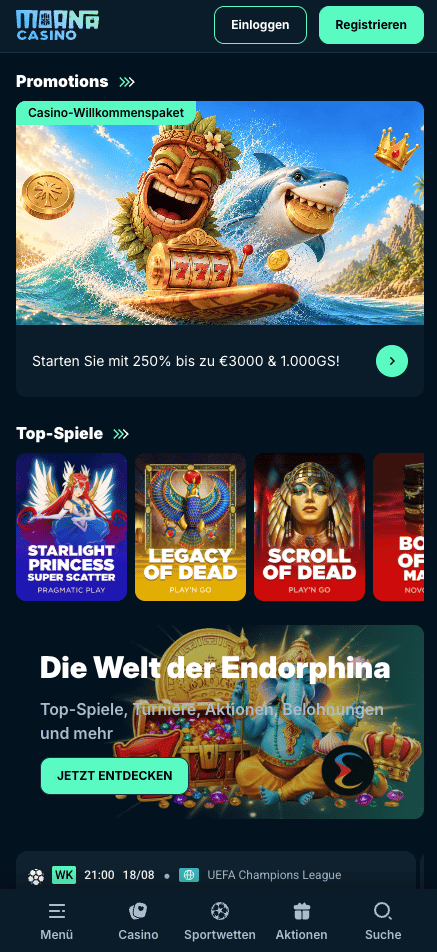 Startseite im Moana Casino zeigt Willkommensbonus und top Spiele