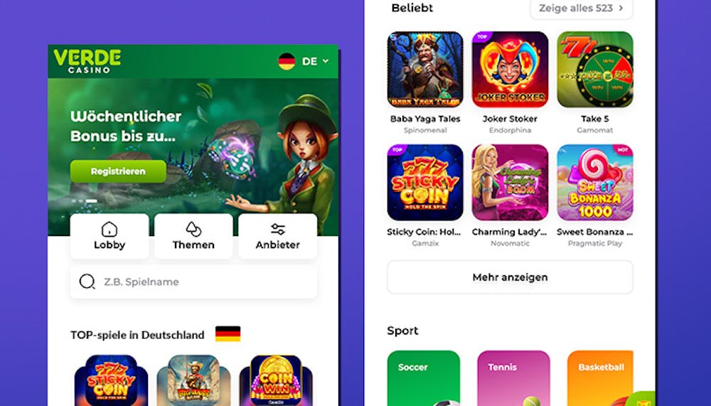 Mobile Ansicht des Verde Casinos mit Sofortüberweisung