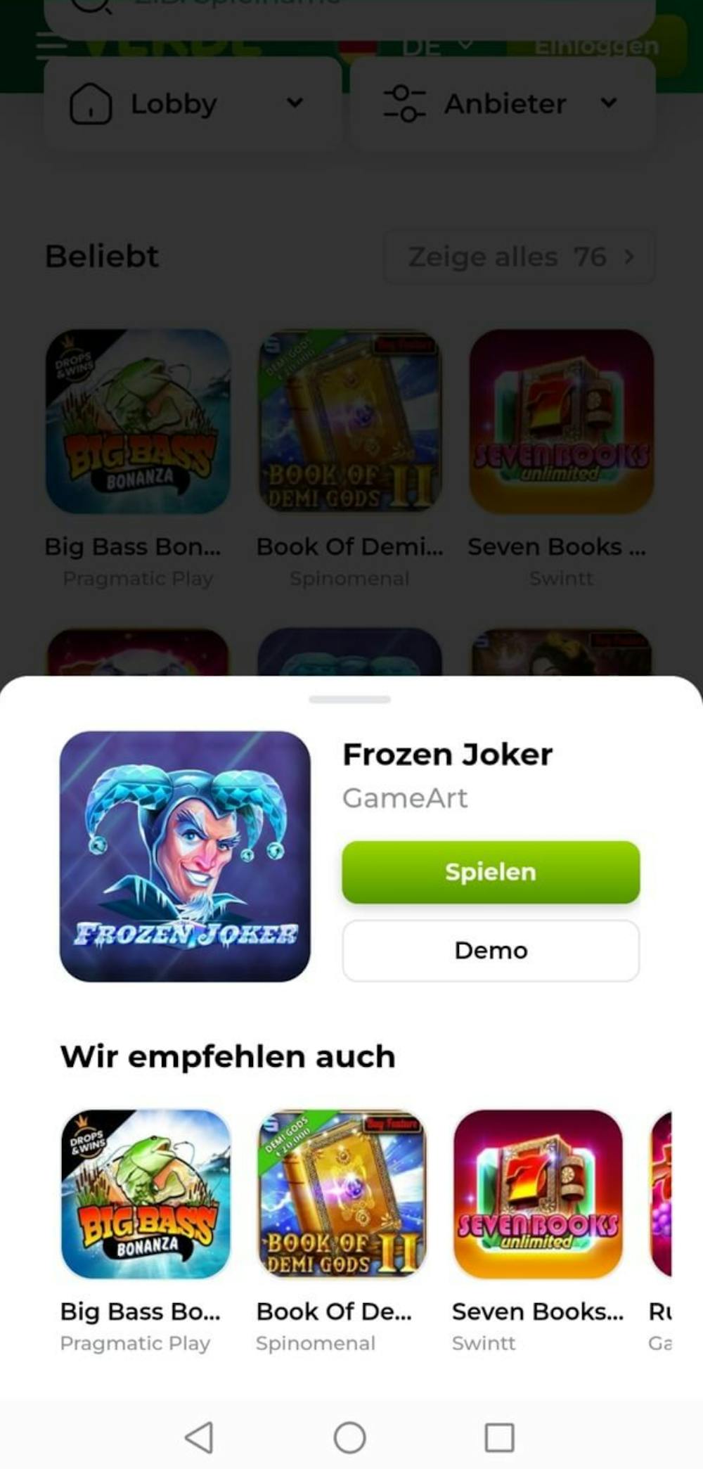 Beispiel einer Spielautomaten App zeigt Frozen Joker neben anderen Slotempfehlungen