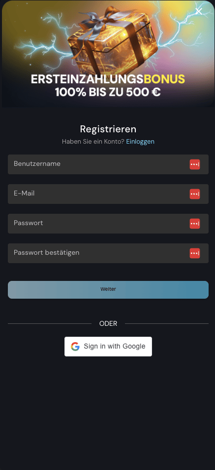 Screenshot vom Mond Casino mit der Anmeldemaske zum Eingeben der Daten.