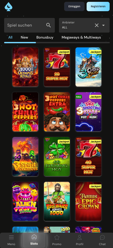 Spiellobby im Mond Casino zeigt Spiele wie 1000 Olympus Rivals neben Suchleiste und Anbieterfilter