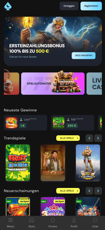 Startseite im Mond Casino zeigt Ersteinzahlungsbonus und Trendspiele
