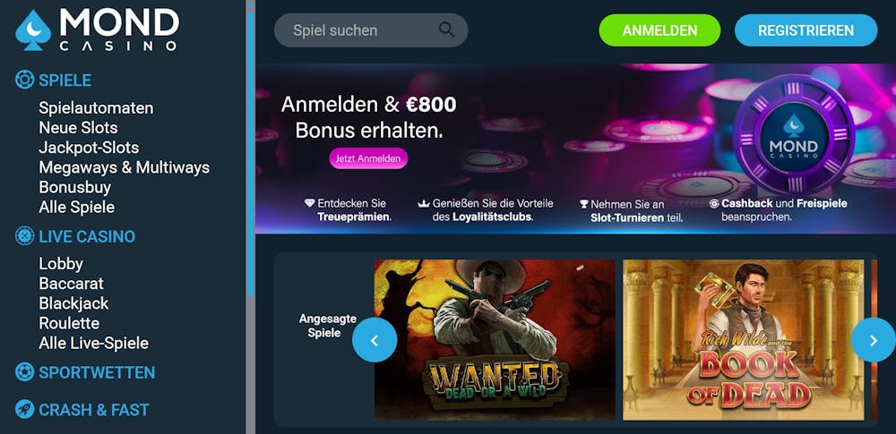 Mond Casino Screenshot mit dem Willkommensangebot über 800 €