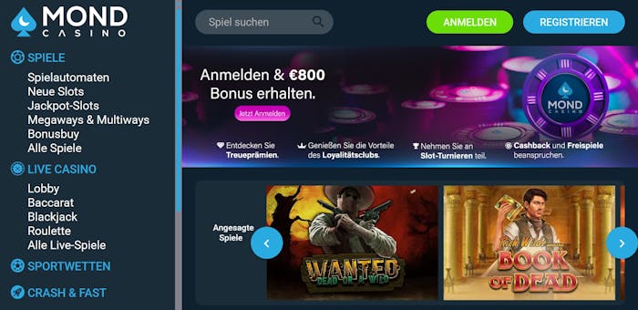 Mond Casino Screenshot mit dem Willkommensangebot über 800 €
