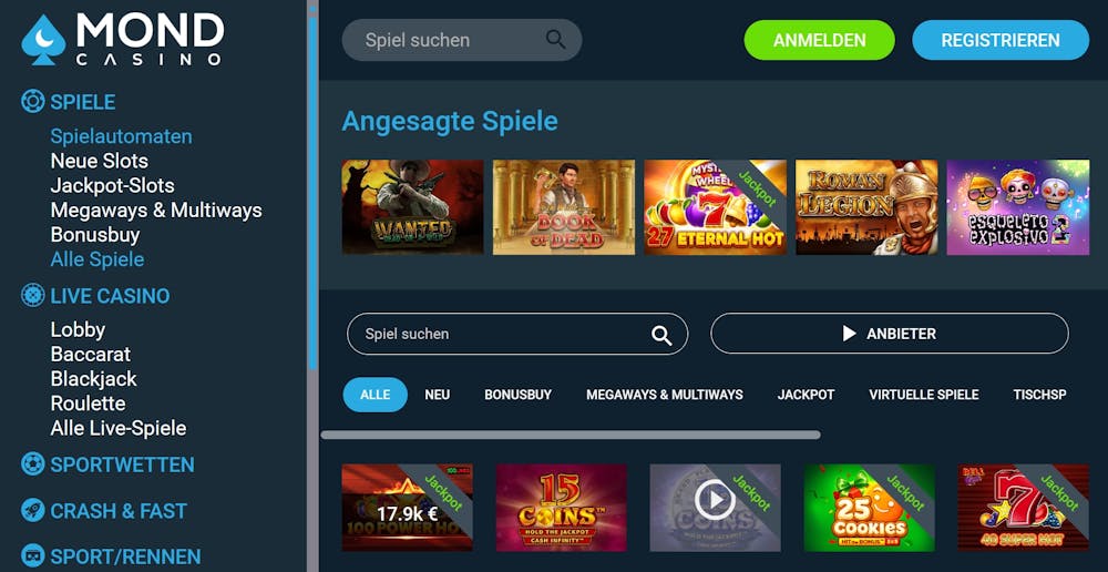 Screenshot der Mond Casino Spieleauswahl mit top Slots wie Book of Dead.