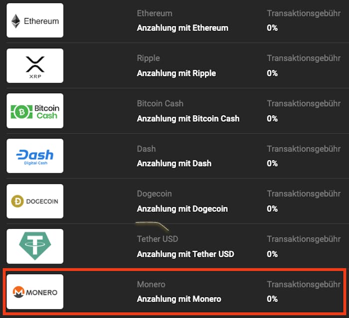 Auswahl von Monero als Einzahlungsmittel im Monero Casino