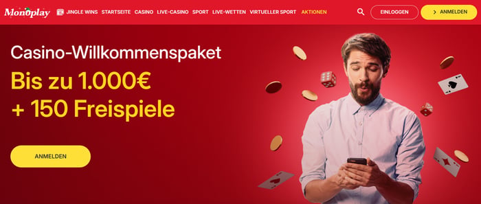 Mono Play Casino Screenshot mit der Startseite, welche den Willkommensbonus anzeigt.