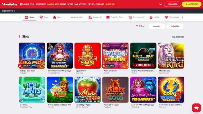 Mono Play Casino Screenshot mit der Spieleseite und der Slot Auswahl.