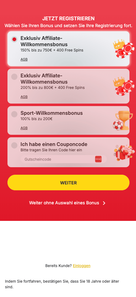 Mono Play Casino Screenshot mit der Anmeldeseite.