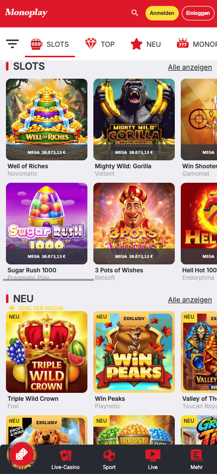 Spielloby im Monoplay Casino zeigt Slots wie Well of Riches neben anderen Spielkategorien