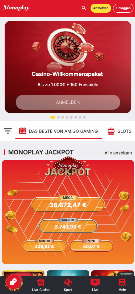 Startseite im Monoplay Casino zeigt Willkommensbonus und Jackpot
