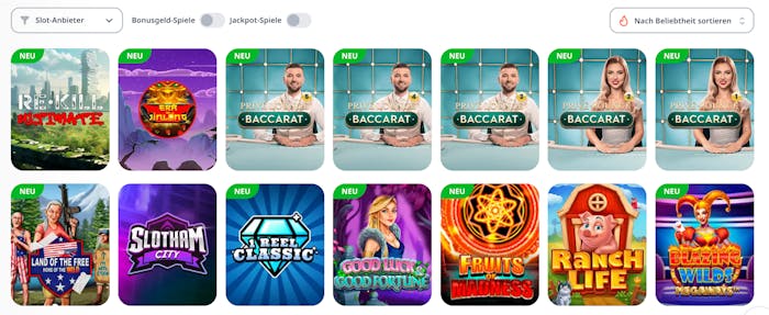 Spielauswahl bei Monro Casino mit Slots und Live-Tischen