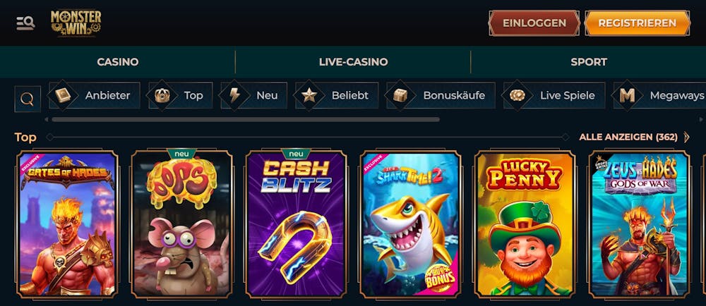 Spiellobby im Monsterwin Casino zeigt Top Spiele wie Lucky Penny neben anderen Spielkategorien