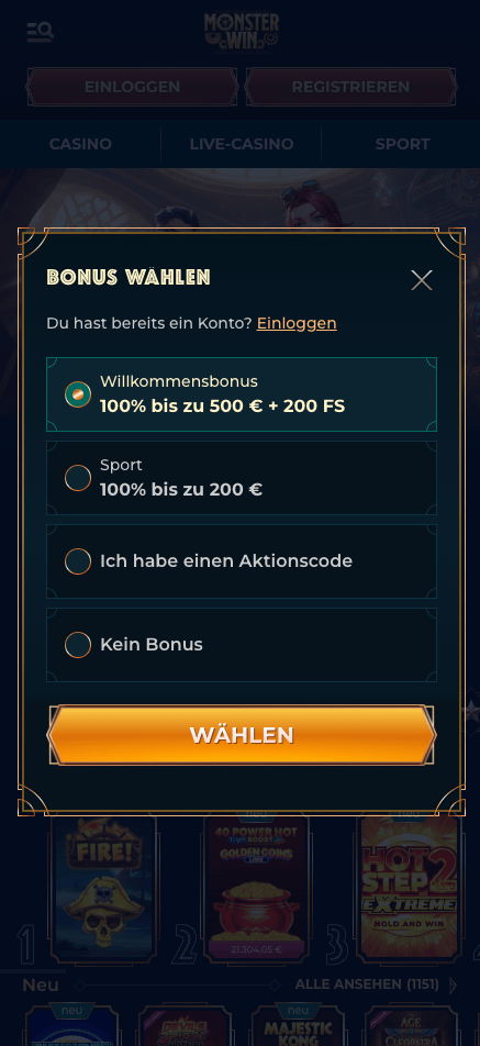  Anmeldeformular im Monsterwin Casino