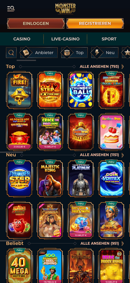 Spiellobby im Monsterwin Casino zeigt Top Spiele wie Fire! neben anderen Spielkategorien